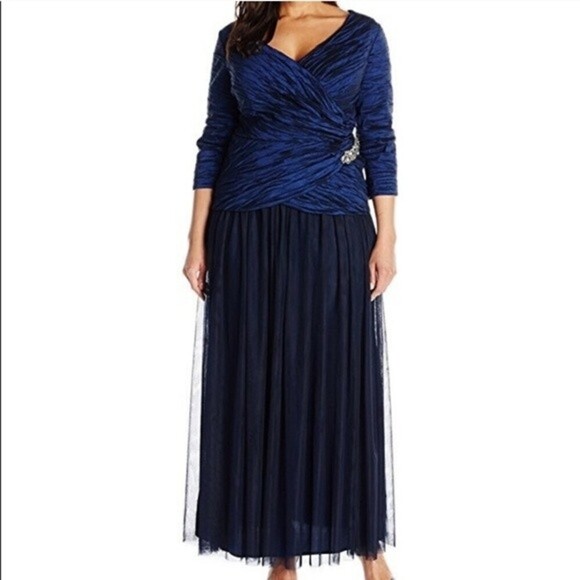 NWT Alex Evenings Womens blue embellished crinkled taffeta and chiffon gown 14 - Picture 1 of 12